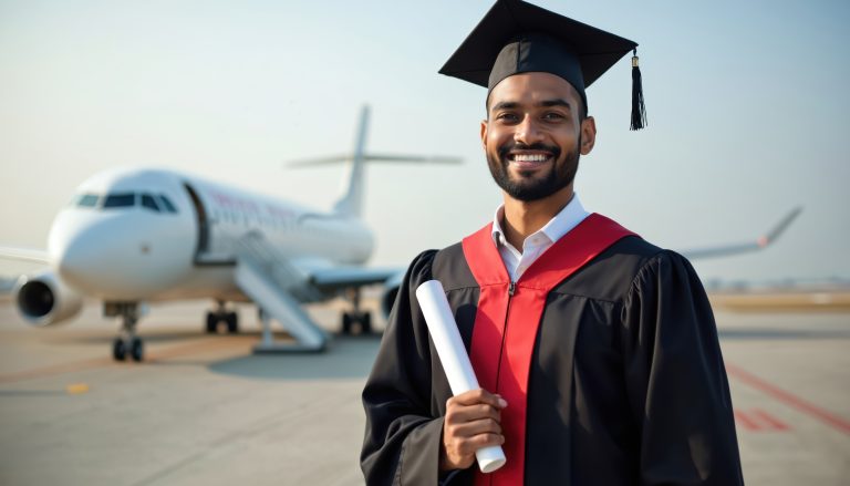 International aviation graduate on the tarmac with diploma